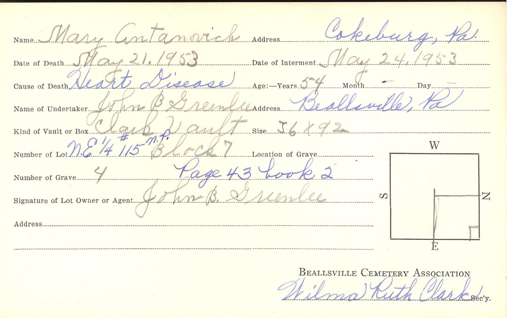 Mary Antanovich burial card